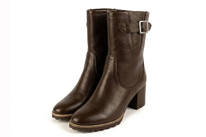 Women's dark brown side-buckle ankle boots with round toe and mid block heel - Front view